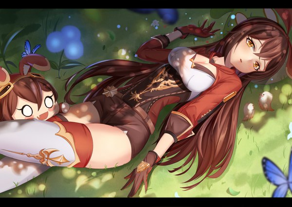 Anime picture 3035x2150 with genshin impact amber (genshin impact) baron bunny (genshin impact) qldpopi single long hair looking at viewer blush fringe highres breasts open mouth hair between eyes brown hair yellow eyes payot absurdres cleavage outdoors lying