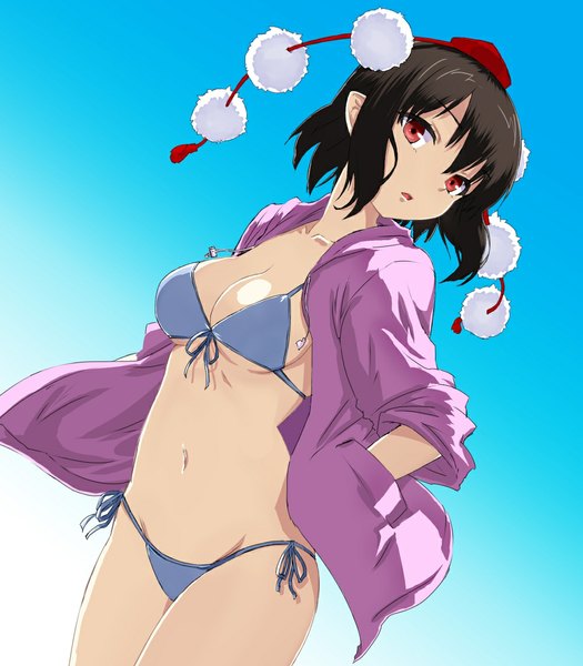 Anime picture 1000x1143 with touhou shameimaru aya cyiell (c1) single tall image looking at viewer short hair light erotic black hair red eyes blue background girl navel swimsuit bikini