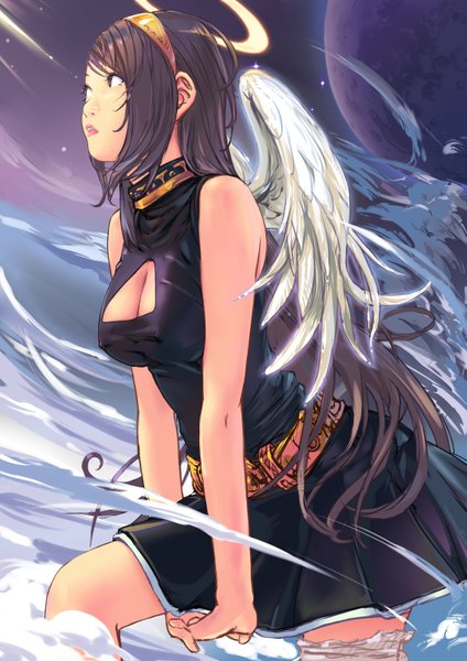 Anime picture 1131x1600 with original carina (xiaowoo) single long hair tall image light erotic brown hair bare shoulders brown eyes looking away white wings girl dress hair ornament wings black dress star (stars) halo planet