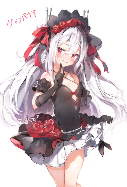 Anime picture 2320x3400 with azur lane vampire (azur lane) vampire (eloi's blessing) (azur lane) umibouzu (niito) single long hair tall image looking at viewer blush fringe highres breasts smile hair between eyes red eyes standing white background bare shoulders cleavage silver hair