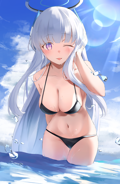 Anime picture 2600x4000 with blue archive noa (blue archive) heimu (heim kstr) single long hair tall image looking at viewer highres breasts light erotic large breasts purple eyes sky silver hair cloud (clouds) one eye closed wink leaning leaning forward partially submerged