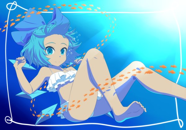 Anime picture 6000x4200 with touhou cirno shikabane homura single looking at viewer highres short hair blue eyes light erotic smile blue hair absurdres barefoot spread arms underwater girl bow swimsuit hair bow animal