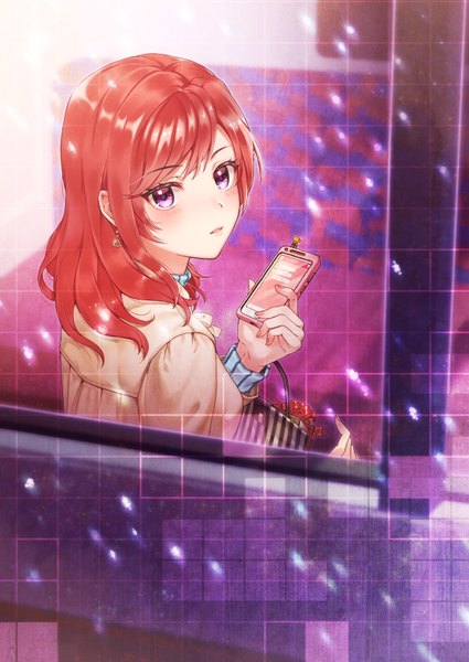 Anime picture 567x800 with love live! school idol project sunrise (studio) love live! nishikino maki mizuno kei single long hair tall image looking at viewer blush fringe purple eyes holding red hair parted lips looking back girl earrings bag smartphone