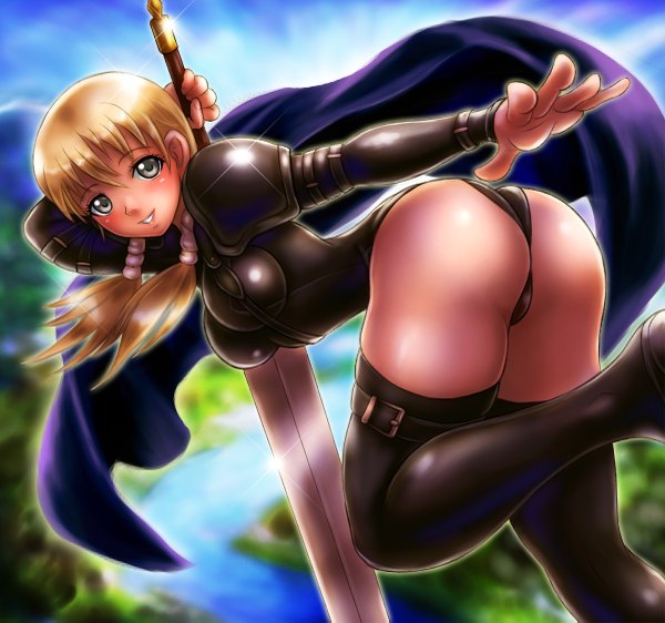 Anime picture 1200x1125 with claymore madhouse cynthia (claymore) boken fantasy single long hair looking at viewer light erotic blonde hair smile brown eyes ass braid (braids) lips girl thighhighs weapon black thighhighs sword cape