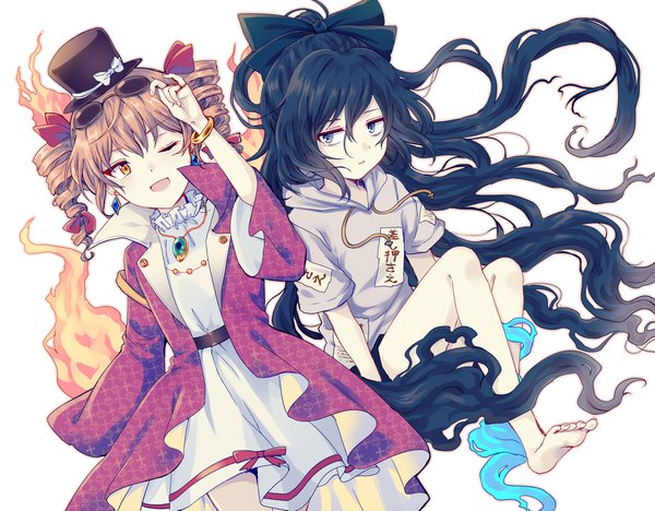 Anime picture 1800x1405 with touhou yorigami shion yorigami jo'on uranaishi (miraura) looking at viewer fringe highres short hair open mouth black hair simple background hair between eyes white background twintails multiple girls very long hair one eye closed barefoot grey eyes orange eyes