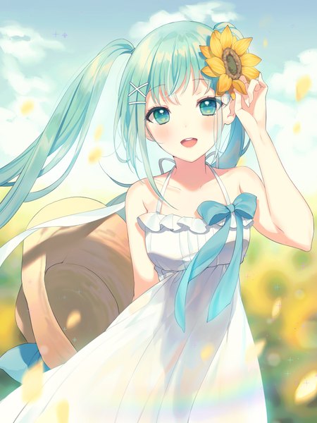 Anime picture 3000x4000 with vocaloid hatsune miku a20 (atsumaru) single long hair tall image looking at viewer blush fringe highres open mouth smile standing twintails bare shoulders payot sky cloud (clouds) outdoors :d