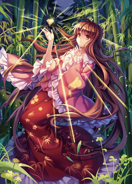 Anime picture 800x1117 with touhou houraisan kaguya mirror (xilu4) single tall image fringe brown hair brown eyes ahoge very long hair looking up alternate hair color alternate eye color bamboo forest girl plant (plants) tree (trees) frills forest gem