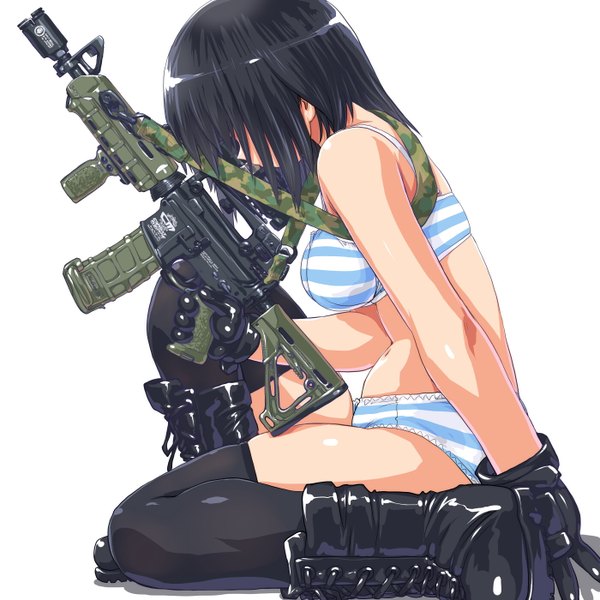 Anime picture 1400x1400 with original dd (ijigendd) short hair breasts light erotic black hair large breasts sitting girl thighhighs gloves underwear panties weapon black thighhighs boots gun striped panties