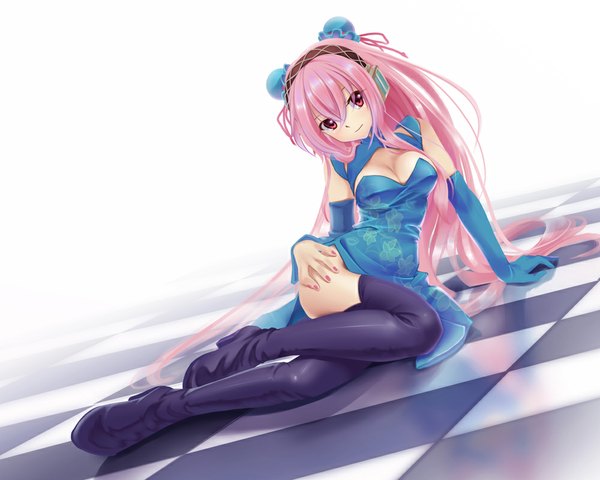 Anime picture 1000x800 with vocaloid megurine luka hiroki shin single long hair looking at viewer light erotic red eyes bare shoulders pink hair checkered floor girl dress gloves elbow gloves headphones thigh boots