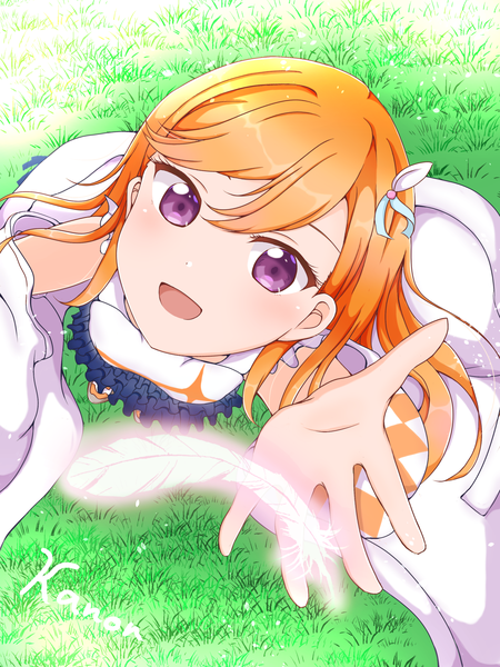 Anime-Bild 1440x1920 mit hello!!! love live! sunrise (studio) love live! shibuya kanon ariria (nanayuri) single long hair tall image looking at viewer fringe open mouth smile purple eyes :d from above orange hair character names outstretched hand girl plant (plants)