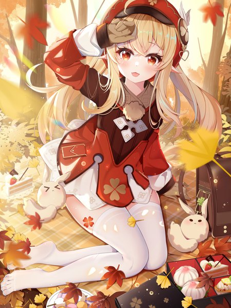 Anime picture 2250x3000 with genshin impact klee (genshin impact) miaogujun single long hair tall image looking at viewer blush fringe highres open mouth blonde hair smile hair between eyes red eyes sitting twintails signed bent knee (knees) outdoors