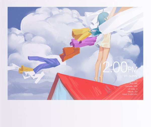 Anime picture 1059x893 with original hjl single light erotic standing holding sky cloud (clouds) ahoge barefoot aqua eyes wind aqua hair arms up bare legs text border looking up english messy hair
