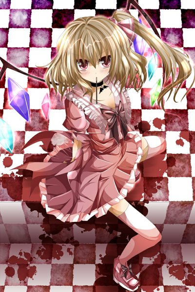 Anime picture 700x1050 with touhou flandre scarlet nanase nao single tall image looking at viewer blush short hair blonde hair red eyes one side up checkered background girl thighhighs dress white thighhighs wings shoes sweets crystal