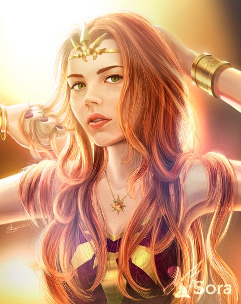 Anime picture 1600x2018 with league of legends leona (league of legends) owarinai sora single long hair tall image looking at viewer green eyes lips orange hair realistic armpit (armpits) girl choker bracelet