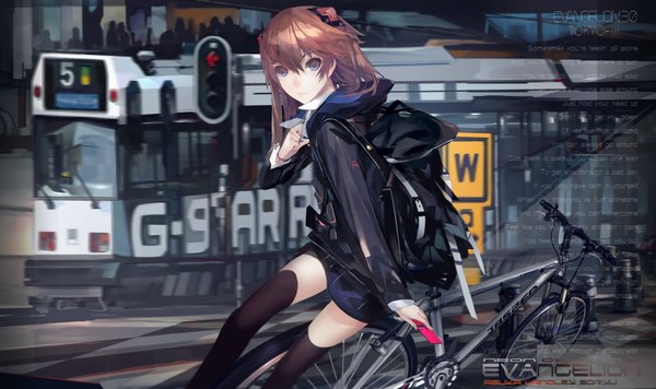Anime picture 1771x1052 with neon genesis evangelion gainax soryu asuka langley kiwamu single long hair looking at viewer highres blue eyes wide image red hair light smile alternate costume girl thighhighs skirt black thighhighs ground vehicle train bicycle