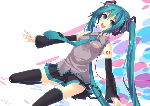 Anime picture 1414x1000 with vocaloid hatsune miku single blush open mouth twintails very long hair aqua eyes aqua hair girl thighhighs skirt black thighhighs detached sleeves necktie headphones