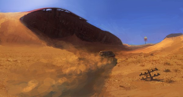 Anime picture 1200x640 with original peteamachree (artist) wide image dust post-apocalyptic desert ground vehicle car