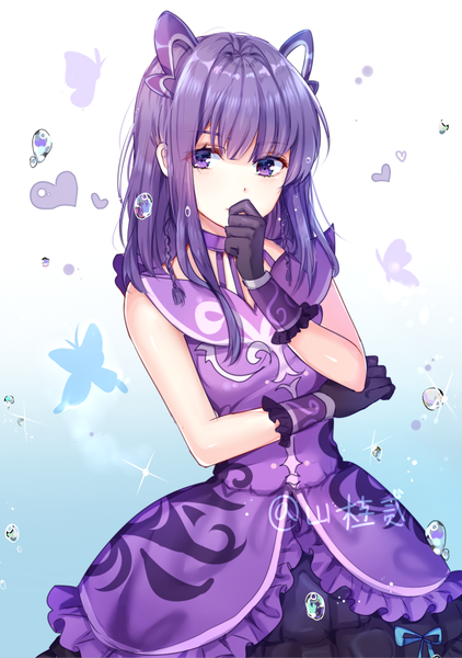 Anime picture 616x875 with original shanguier single long hair tall image fringe purple eyes signed purple hair sparkle twitter username gradient background hand to mouth girl dress gloves hair ornament heart insect butterfly