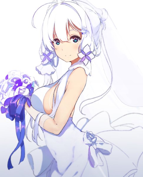 Anime picture 1056x1304 with azur lane illustrious (azur lane) illustrious (morning star of love and hope) (azur lane) icehotmilktea single long hair tall image looking at viewer fringe breasts blue eyes light erotic simple background hair between eyes large breasts white background ahoge white hair sideboob girl