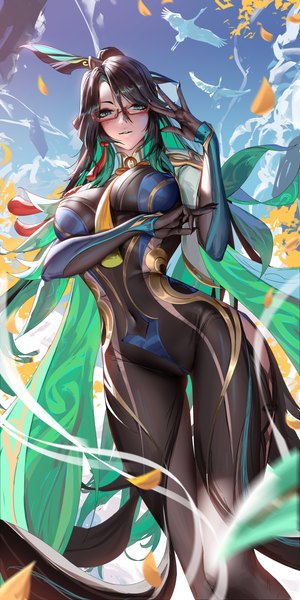 Anime picture 2000x4000 with genshin impact cloud retainer (genshin impact) xianyun (genshin impact) liang xing single tall image looking at viewer fringe highres breasts light erotic black hair hair between eyes large breasts standing green eyes sky cloud (clouds) outdoors ponytail