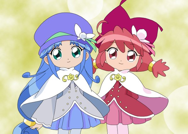 Anime picture 5000x3571 with fushigiboshi no futago hime rein fine cosmictails looking at viewer fringe highres smile hair between eyes red eyes multiple girls green eyes blue hair red hair very long hair vector screencap redraw girl dress 2 girls