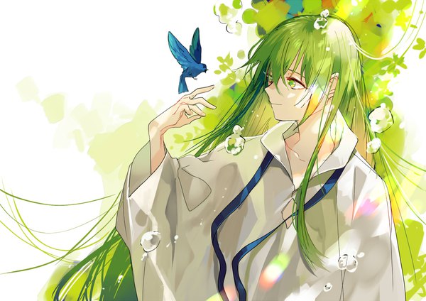 Anime picture 1168x827 with fate (series) fate/strange fake enkidu (fate) kyouichi single long hair fringe smile hair between eyes green eyes looking away upper body arm up green hair androgynous boy animal bird (birds) water drop