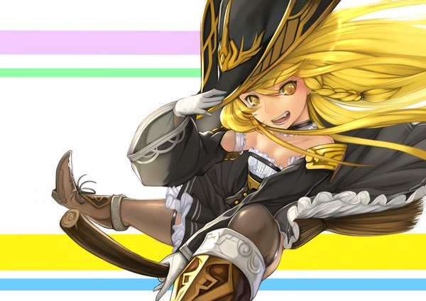 Anime picture 2105x1488 with touhou kirisame marisa hoshara single long hair looking at viewer highres open mouth simple background blonde hair smile yellow eyes looking away braid (braids) long sleeves :d side braid flying adapted costume broom riding