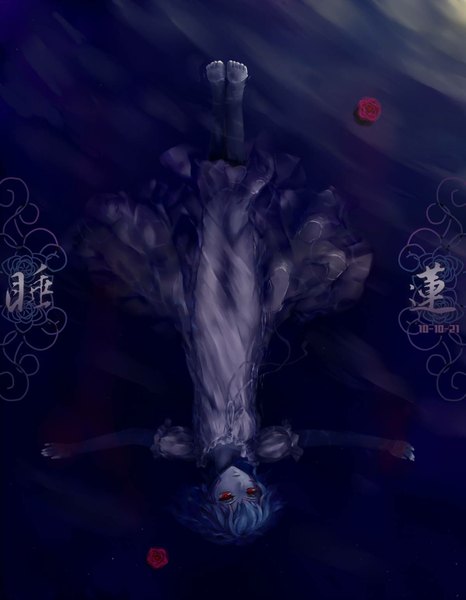 Anime picture 1200x1544 with touhou remilia scarlet goocn single tall image looking at viewer fringe short hair red eyes blue hair lying barefoot from above on back partially submerged hieroglyph spread arms upside down afloat ophelia's pose