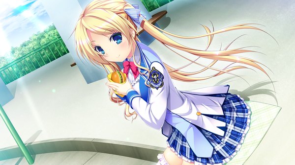 Anime picture 1280x720 with harvest overray giga mikami lilia single long hair blush blue eyes blonde hair wide image twintails game cg light smile girl uniform bow hair bow school uniform hamburger