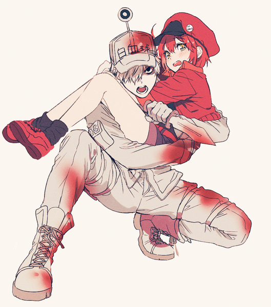 イラスト 829x940 と はたらく細胞 david production white blood cell (hataraku saibou) u-1146 ae-3803 red blood cell (hataraku saibou) mery (yangmalgage) 長身像 カメラ目線 赤面 前髪 短い髪 開いた口 simple background hair between eyes 白背景 黄色眼 全身 white hair 赤髪