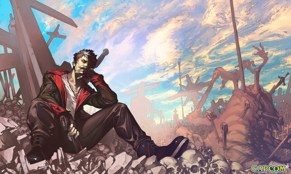 Anime picture 1666x1000 with devil may cry dante (devil may cry) single short hair black hair red eyes wide image sitting sky cloud (clouds) white hair multicolored hair open clothes open jacket two-tone hair ruins boy gloves weapon jacket