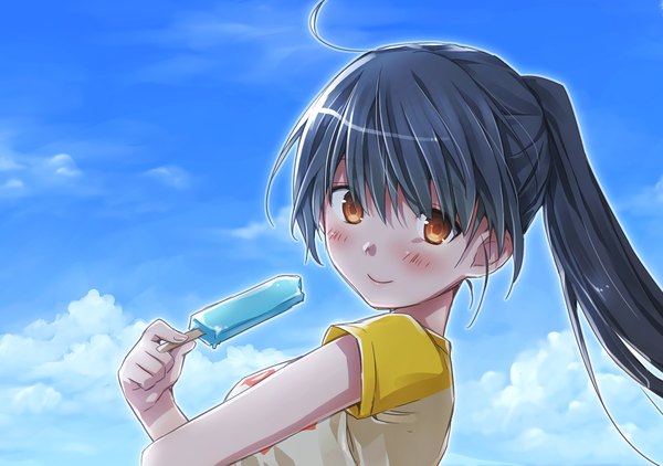 Anime picture 1240x874 with original natsu natsuna single long hair blush black hair smile sky cloud (clouds) ponytail orange eyes girl food sweets ice cream