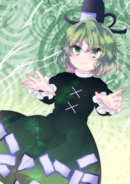 Anime picture 1600x2259 with touhou soga no tojiko uranaishi (miraura) single tall image short hair green eyes multicolored hair green hair outstretched arm girl dress