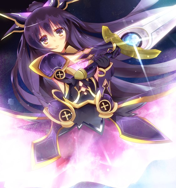 Anime picture 1200x1280 with date a live yatogami tooka mizuyoukan (mikususannda) single long hair tall image blush purple eyes yellow eyes purple hair ponytail multicolored eyes girl bow weapon hair bow sword armor