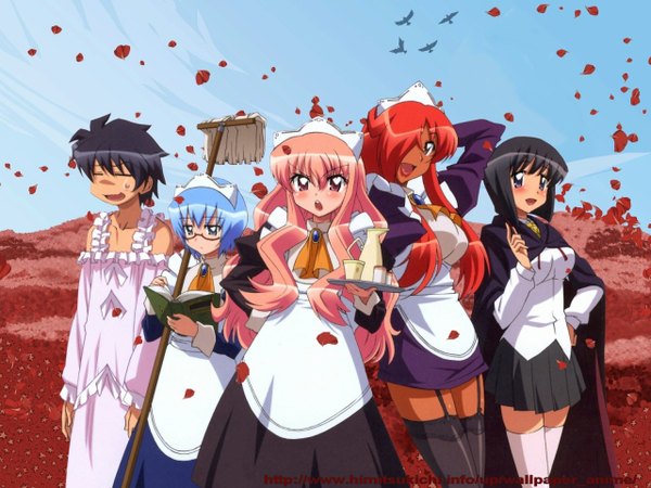 Anime picture 1280x960 with zero no tsukaima j.c. staff louise francoise le blanc de la valliere siesta tabitha (zero no tsukaima) kirche augusta frederica von anhalt zerbst hiraga saito maid wallpaper cosplay crossdress costume switch petals book (books) mop