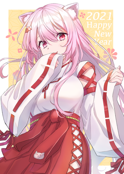 Anime picture 1654x2322 with virtual youtuber nijisanji shiina yuika kunoki toki single long hair tall image looking at viewer fringe hair between eyes animal ears pink hair traditional clothes japanese clothes pink eyes cat ears miko new year hand to mouth happy new year