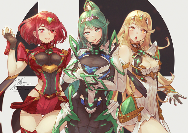 Anime picture 1500x1059 with xenoblade xenoblade 2 pyra (xenoblade) mythra (xenoblade) pneuma (xenoblade) fadingz long hair looking at viewer blush fringe short hair breasts open mouth light erotic blonde hair smile red eyes large breasts standing multiple girls