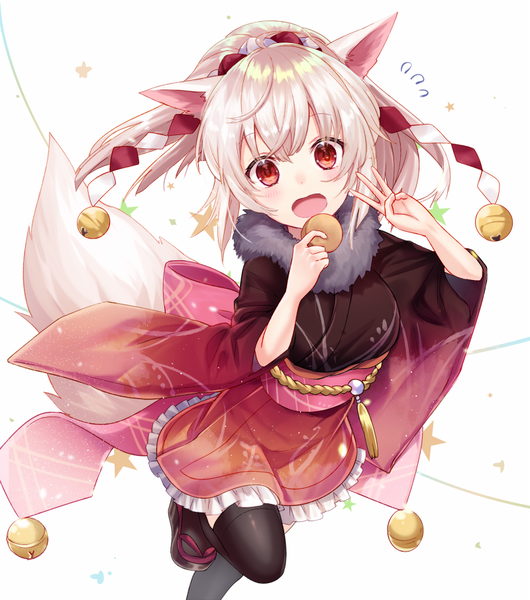 Anime picture 800x906 with original yuya (night lily) single tall image blush fringe short hair open mouth simple background smile red eyes standing white background holding animal ears payot silver hair ahoge bent knee (knees) tail