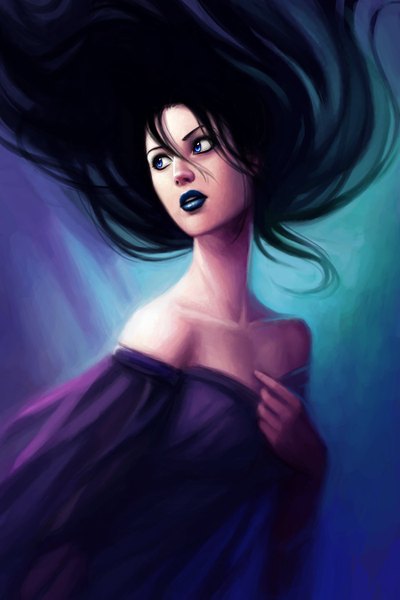 Anime picture 900x1350 with lostie815 single long hair tall image blue eyes black hair bare shoulders looking away parted lips teeth lipstick girl dress purple dress