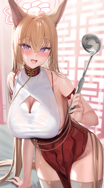 Anime picture 779x1403 with blue archive rumi (blue archive) kanzarin (hoochikiss) single tall image looking at viewer blush fringe breasts open mouth light erotic blonde hair hair between eyes purple eyes animal ears cleavage very long hair :d sleeveless huge breasts
