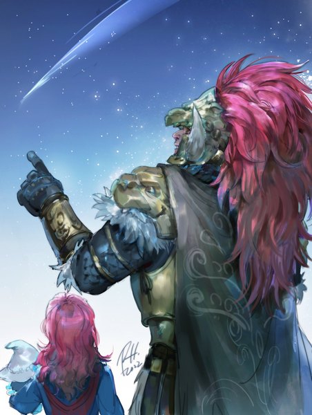 Anime picture 1248x1657 with elden ring starscourge radahn lunar princess ranni cn phoebe long hair tall image standing signed red hair horn (horns) from behind siblings pointing brother and sister shooting star girl boy armor star (stars) cape