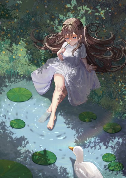 Anime picture 2125x3010 with original silvertsuki single long hair tall image blush fringe highres blue eyes hair between eyes brown hair sitting holding payot looking away full body barefoot arm up from above light smile