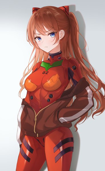 Anime picture 1918x3130 with neon genesis evangelion rebuild of evangelion evangelion: 3.0 you can (not) redo gainax soryu asuka langley shikinami asuka langley lebring single long hair tall image looking at viewer fringe highres breasts blue eyes simple background brown hair standing upper body blunt bangs