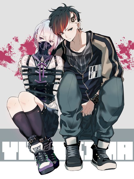 Anime picture 2936x3912 with original yukishima bema tall image fringe highres short hair blue eyes black hair hair between eyes sitting purple eyes looking away silver hair full body bent knee (knees) red hair head tilt multicolored hair inscription grey background