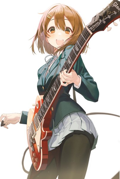 Anime picture 1891x2807 with k-on! kyoto animation hirasawa yui peulopi single tall image looking at viewer blush fringe highres short hair open mouth simple background smile hair between eyes brown hair standing white background holding brown eyes