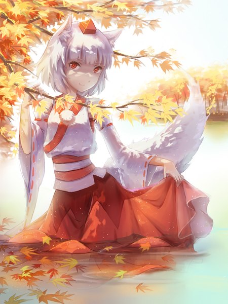 Anime picture 1000x1333 with touhou inubashiri momiji a luo single tall image looking at viewer blush short hair smile animal ears white hair tail long sleeves animal tail wide sleeves wet clothes wolf ears nature wolf tail wolf girl