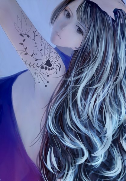 Anime picture 800x1150 with original bounin single long hair tall image looking at viewer blush simple background bare shoulders looking back multicolored hair lips black eyes tattoo turning head hand on head girl dress