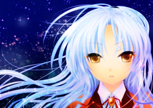 Anime picture 1201x850 with angel beats! key (studio) tachibana kanade single long hair looking at viewer fringe open mouth blue hair upper body parted lips night sparkle heterochromia floating hair lens flare glowing portrait dark background close-up