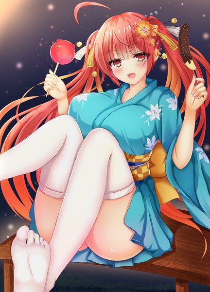 Anime picture 1000x1388 with azur lane honolulu (azur lane) honolulu (festival date) (azur lane) nao (naobinarydigit) single long hair tall image open mouth light erotic red eyes sitting twintails holding ahoge red hair traditional clothes :d japanese clothes no shoes official alternate costume