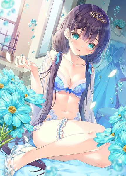 Anime picture 716x1000 with original miwabe sakura single long hair tall image looking at viewer blush fringe breasts open mouth light erotic black hair smile sitting twintails payot cleavage blunt bangs nail polish head tilt